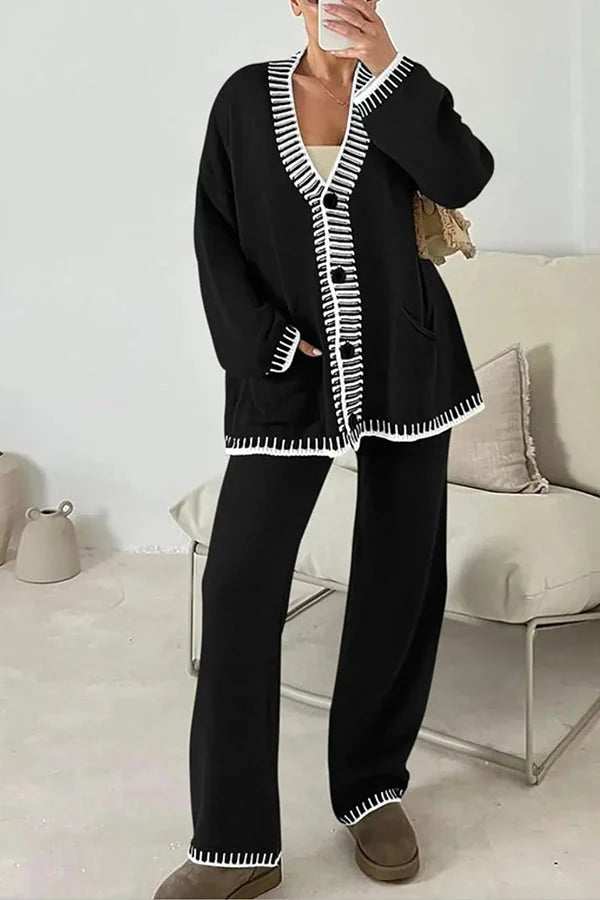 Claudia | Damen Strick-Loungewear-Set mit Knopfpullover und Weiten Hosen - Elle Zürich