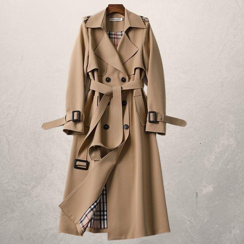 Leonie | Damen Doppelreihiger Langer Trenchcoat mit Gürtel - Elle Zürich