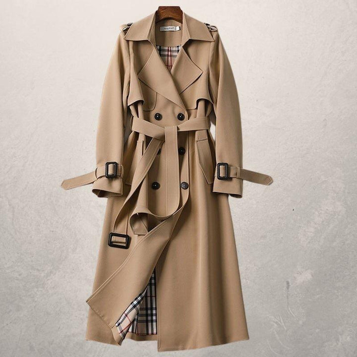 Leonie | Damen Doppelreihiger Langer Trenchcoat mit Gürtel - Elle Zürich