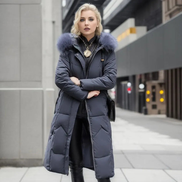 Edith | Damen Winter Steppmantel mit Kapuzenbesatz