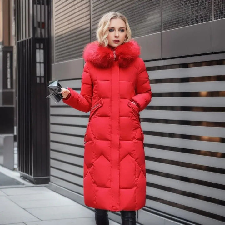 Edith | Damen Winter Steppmantel mit Kapuzenbesatz