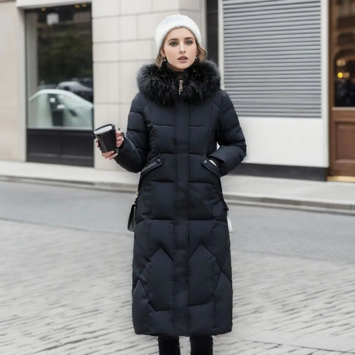 Edith | Damen Winter Steppmantel mit Kapuzenbesatz