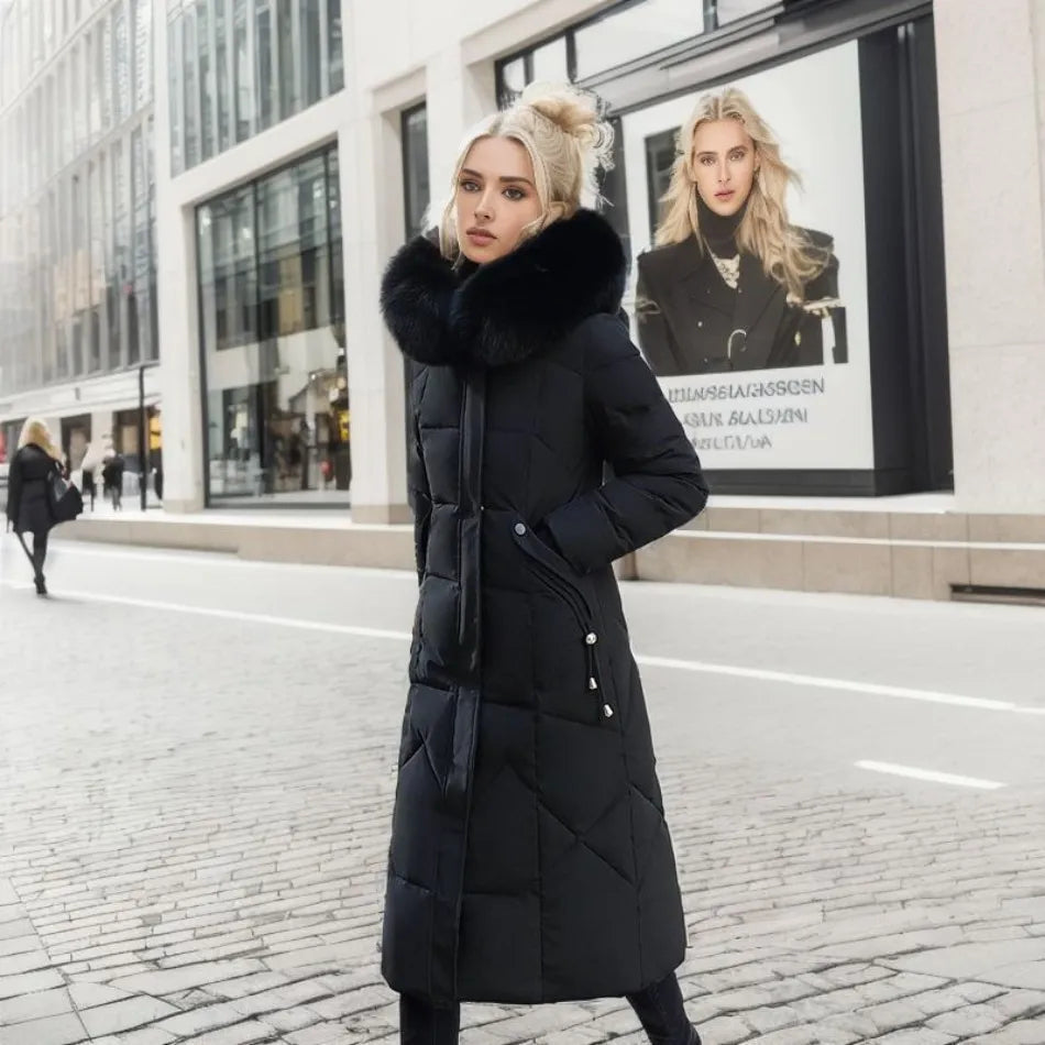 Edith | Damen Winter Steppmantel mit Kapuzenbesatz
