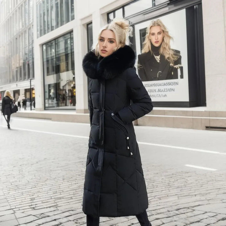 Edith | Damen Winter Steppmantel mit Kapuzenbesatz
