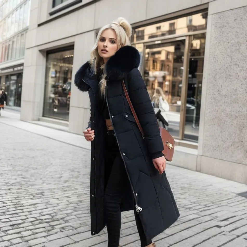 Edith | Damen Winter Steppmantel mit Kapuzenbesatz