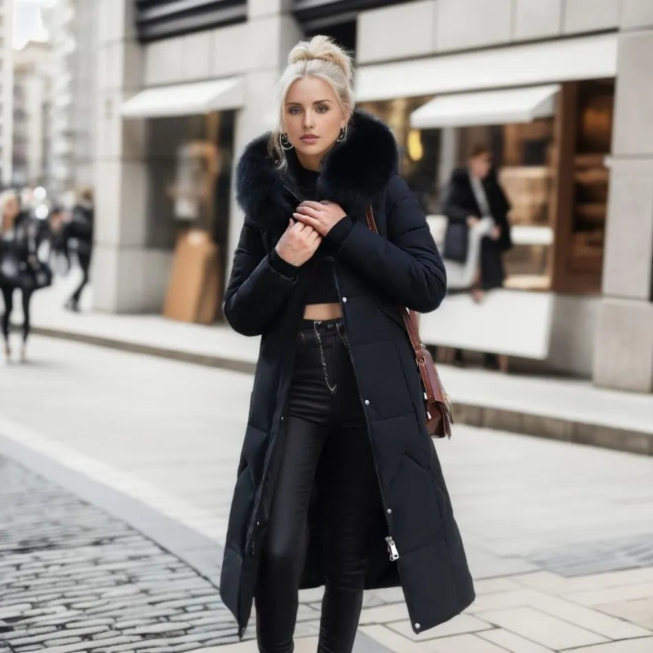 Edith | Damen Winter Steppmantel mit Kapuzenbesatz
