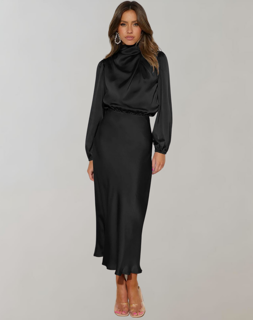 Anna | Damen Elegantes Satin Langarmkleid - Elle Zürich