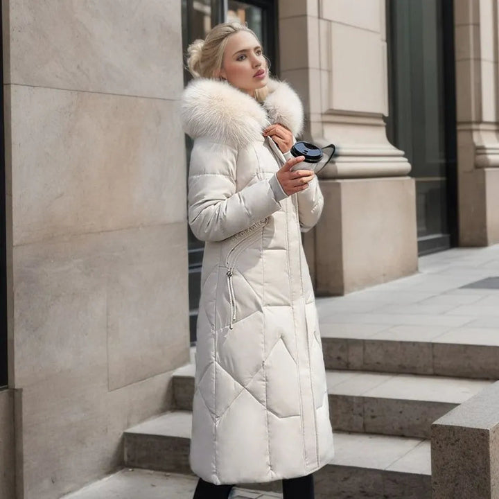 Edith | Damen Winter Steppmantel mit Kapuzenbesatz