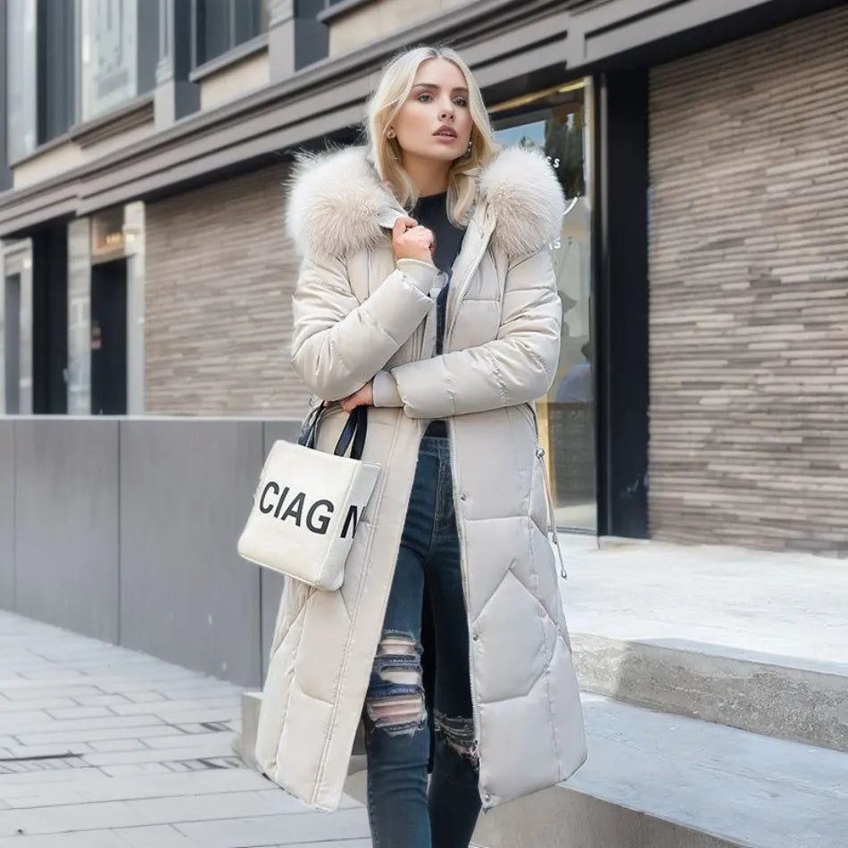 Edith | Damen Winter Steppmantel mit Kapuzenbesatz