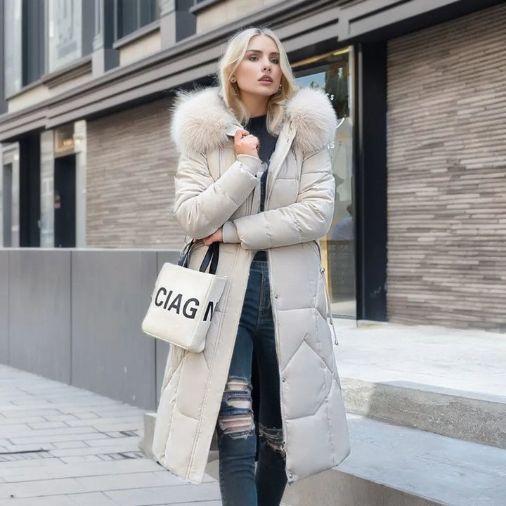 Edith | Damen Winter Steppmantel mit Kapuzenbesatz