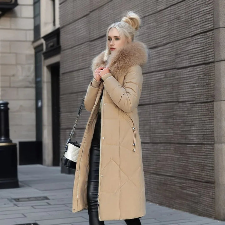 Edith | Damen Winter Steppmantel mit Kapuzenbesatz