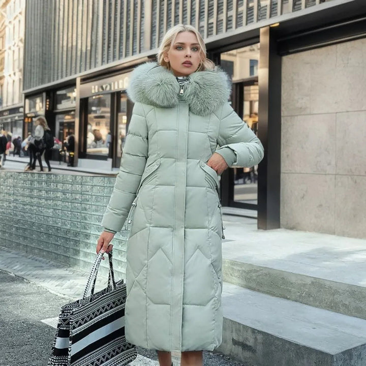 Edith | Damen Winter Steppmantel mit Kapuzenbesatz