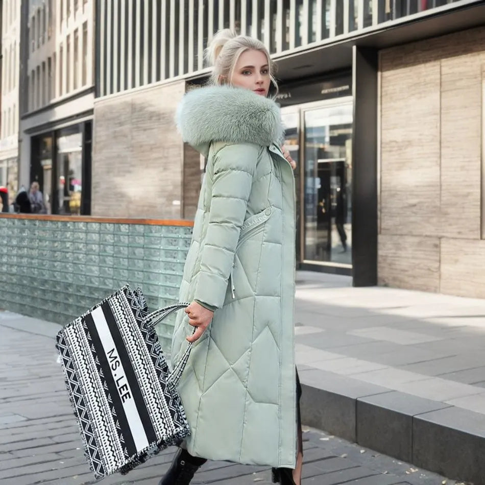 Edith | Damen Winter Steppmantel mit Kapuzenbesatz