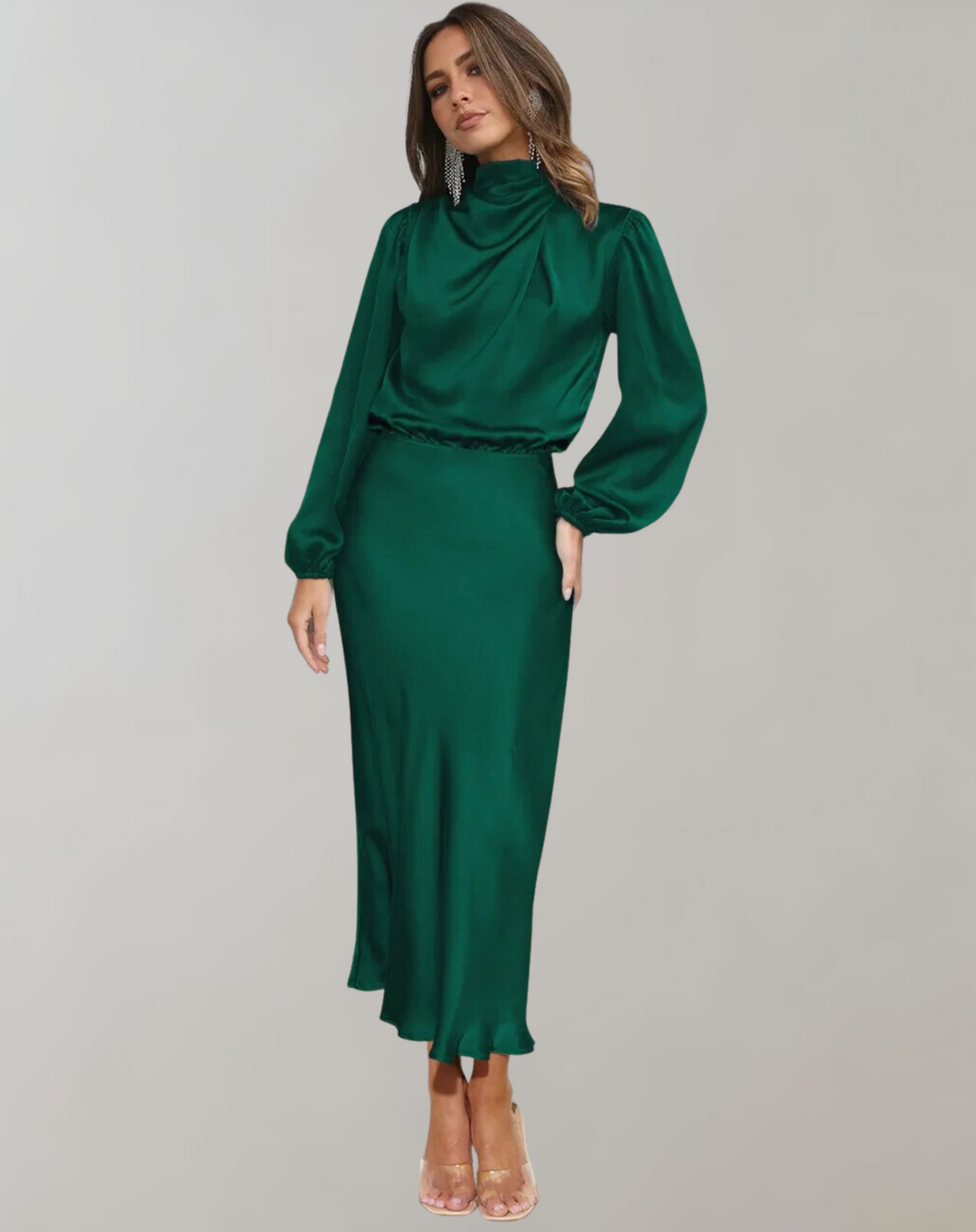 Anna | Damen Elegantes Satin Langarmkleid - Elle Zürich