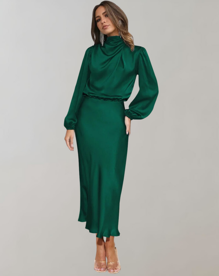 Anna | Damen Elegantes Satin Langarmkleid - Elle Zürich