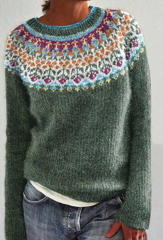 Bettina | Damen Strickpullover mit Nordischem Muster am Halsausschnitt - Elle Zürich