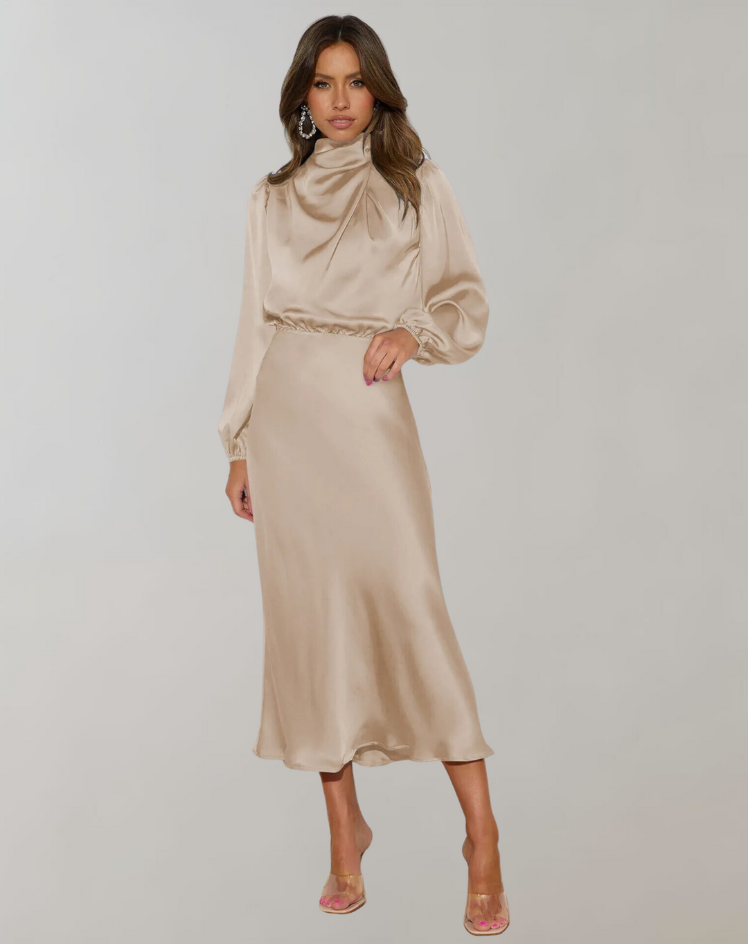 Anna | Damen Elegantes Satin Langarmkleid - Elle Zürich