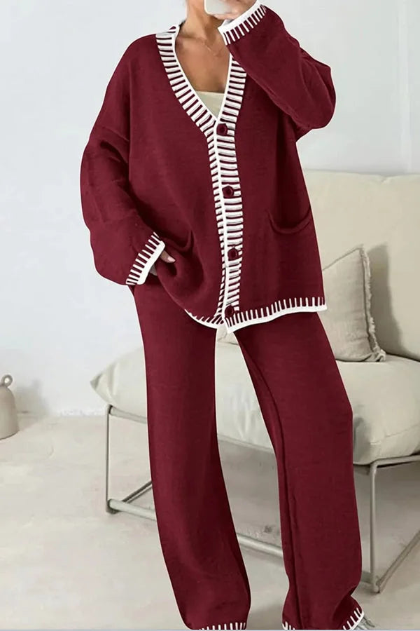 Claudia | Damen Strick-Loungewear-Set mit Knopfpullover und Weiten Hosen - Elle Zürich