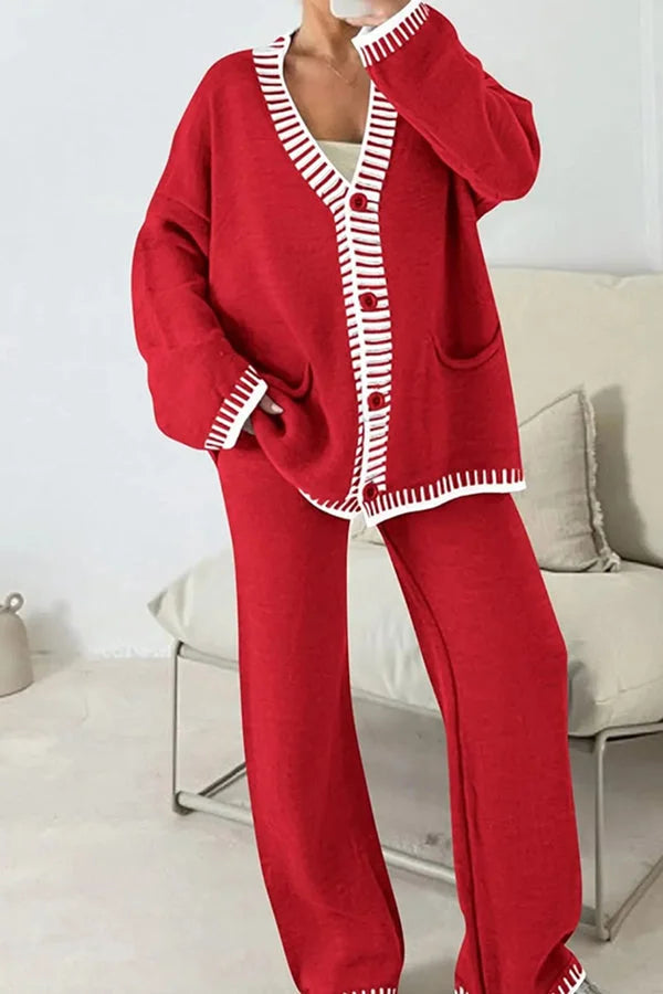Claudia | Damen Strick-Loungewear-Set mit Knopfpullover und Weiten Hosen - Elle Zürich