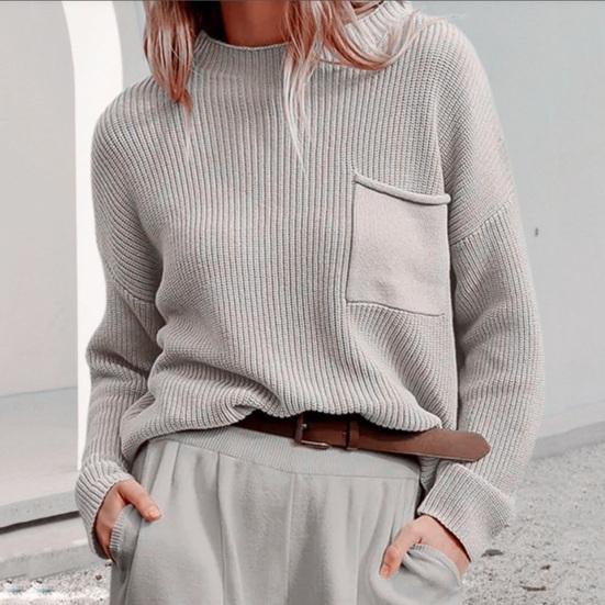 Verena | Damen Winter Strickpullover mit Rippmuster und Tasche - Elle Zürich