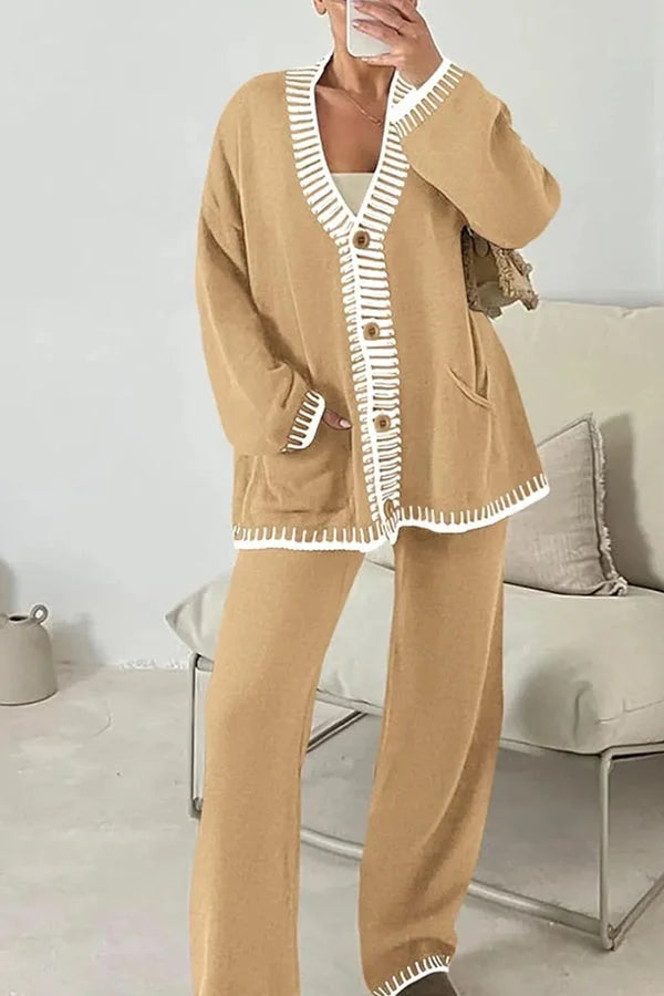Claudia | Damen Strick-Loungewear-Set mit Knopfpullover und Weiten Hosen - Elle Zürich