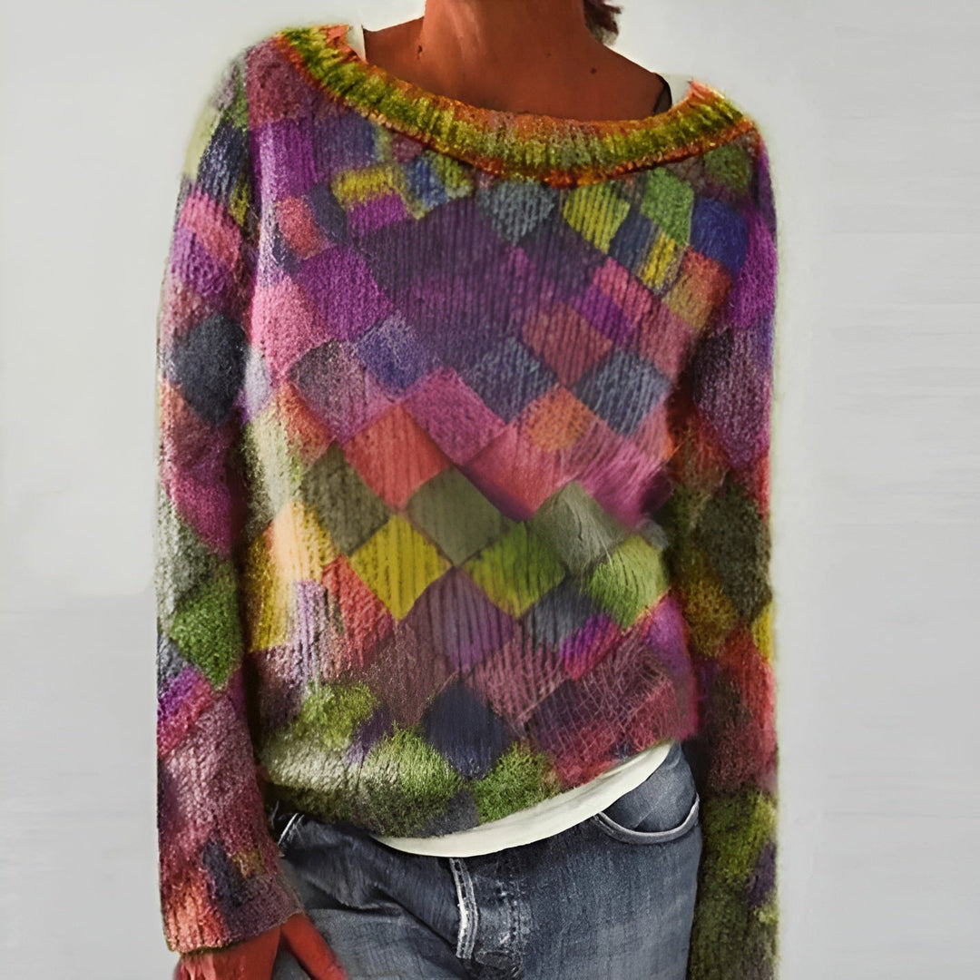 Angela | Damen Gemusterter Strickpullover mit weitem Ausschnitt - Elle Zürich
