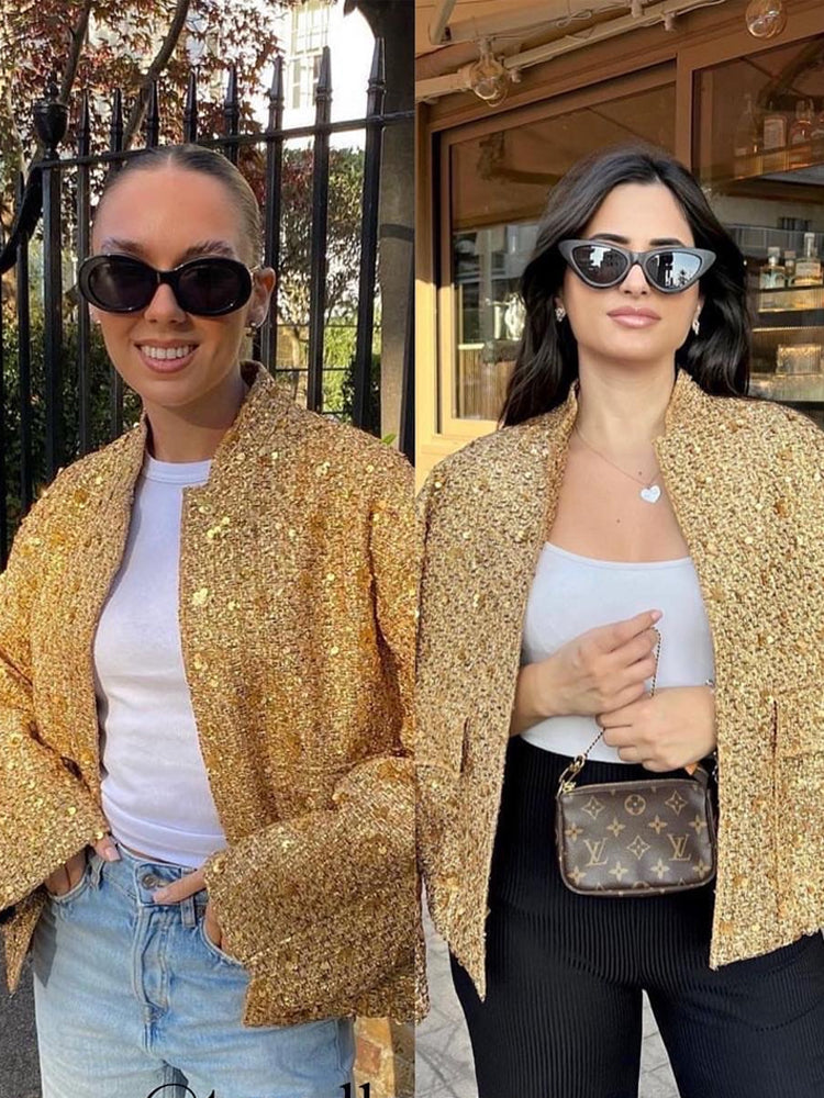 Sandra | Lässige Bomberjacke mit Goldenen Pailletten - Elle Zürich