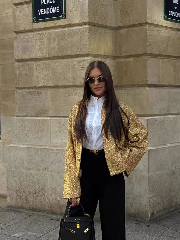 Sandra | Lässige Bomberjacke mit Goldenen Pailletten - Elle Zürich