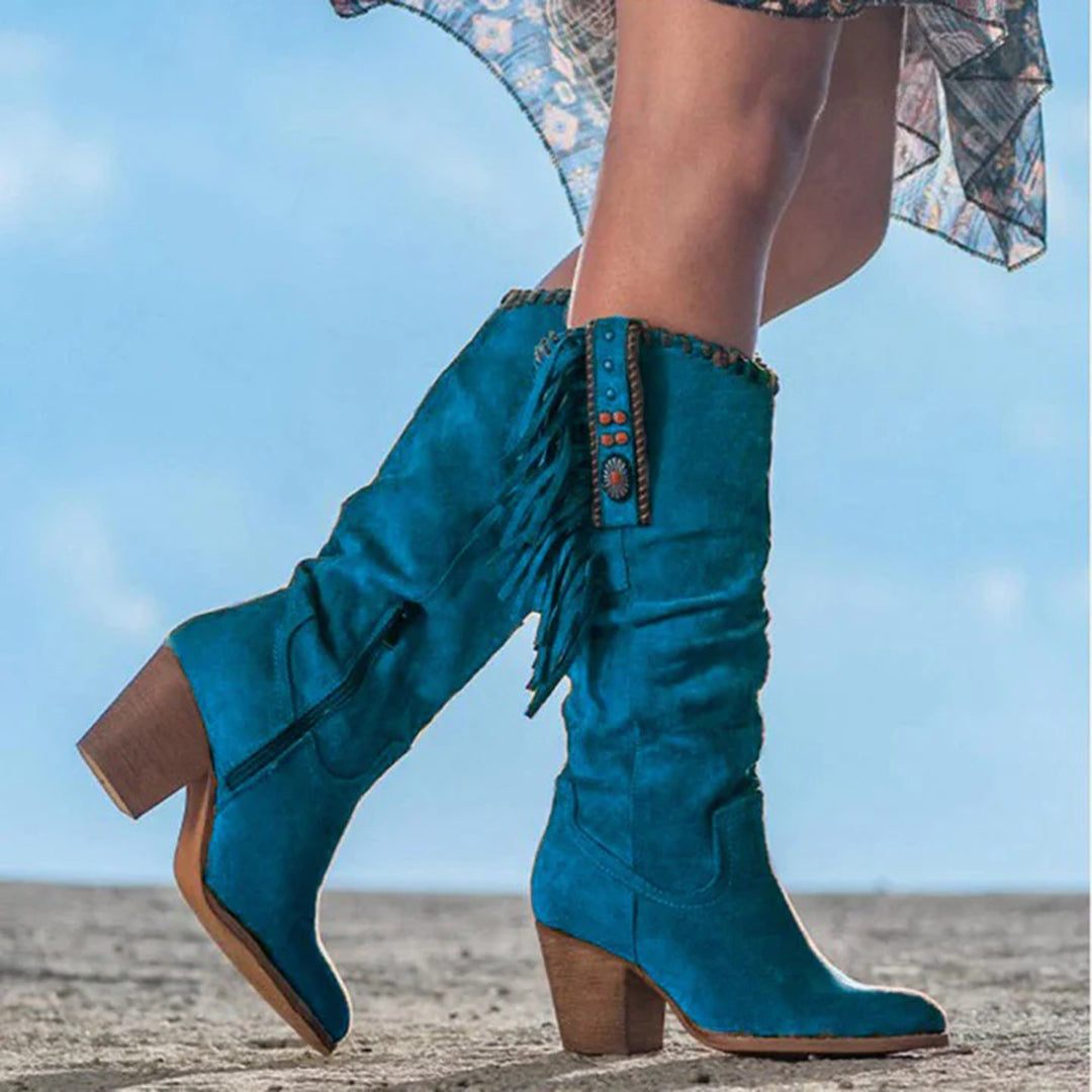Veronika | Damen Winter Boho Stiefel mit Reißverschluss und Fransen - Elle Zürich
