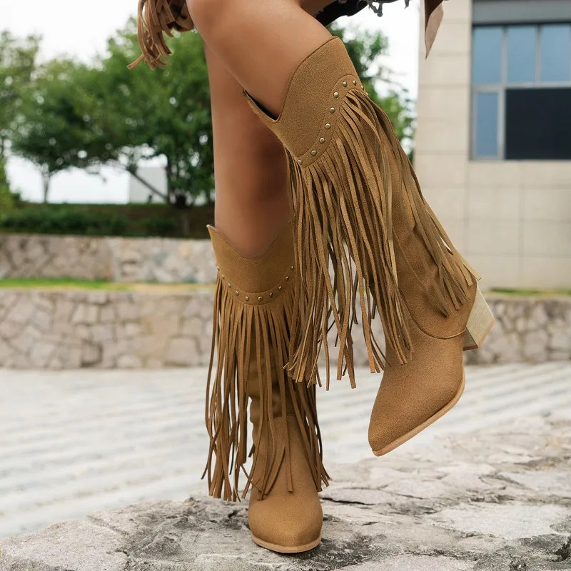 Sabina | Damen Vintage Western Stiefel mit Langen Fransen