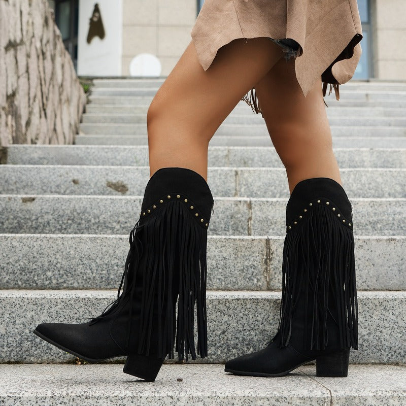 Sabina | Damen Vintage Western Stiefel mit Langen Fransen