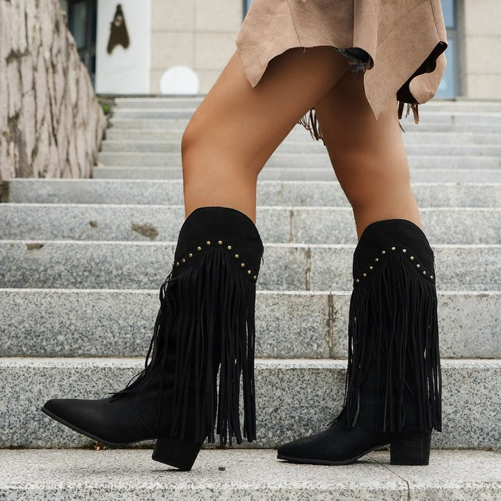 Sabina | Damen Vintage Western Stiefel mit Langen Fransen