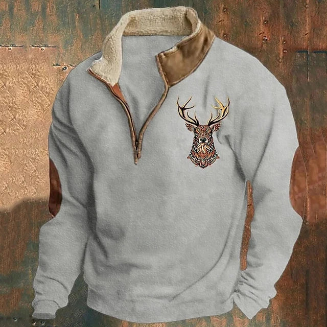 Walter | Herren Winter Fleece Pullover mit Hirschmotiv und Reißverschlusskragen - Elle Zürich