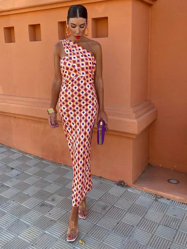 Angela | Stylisches Damen-Ein-Schulter-Kleid mit Print