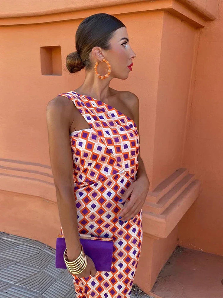 Angela | Stylisches Damen-Ein-Schulter-Kleid mit Print