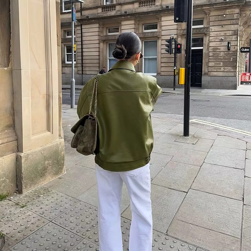 Kathrin | Damen Übergroße Leder Bomberjacke für Wintermode