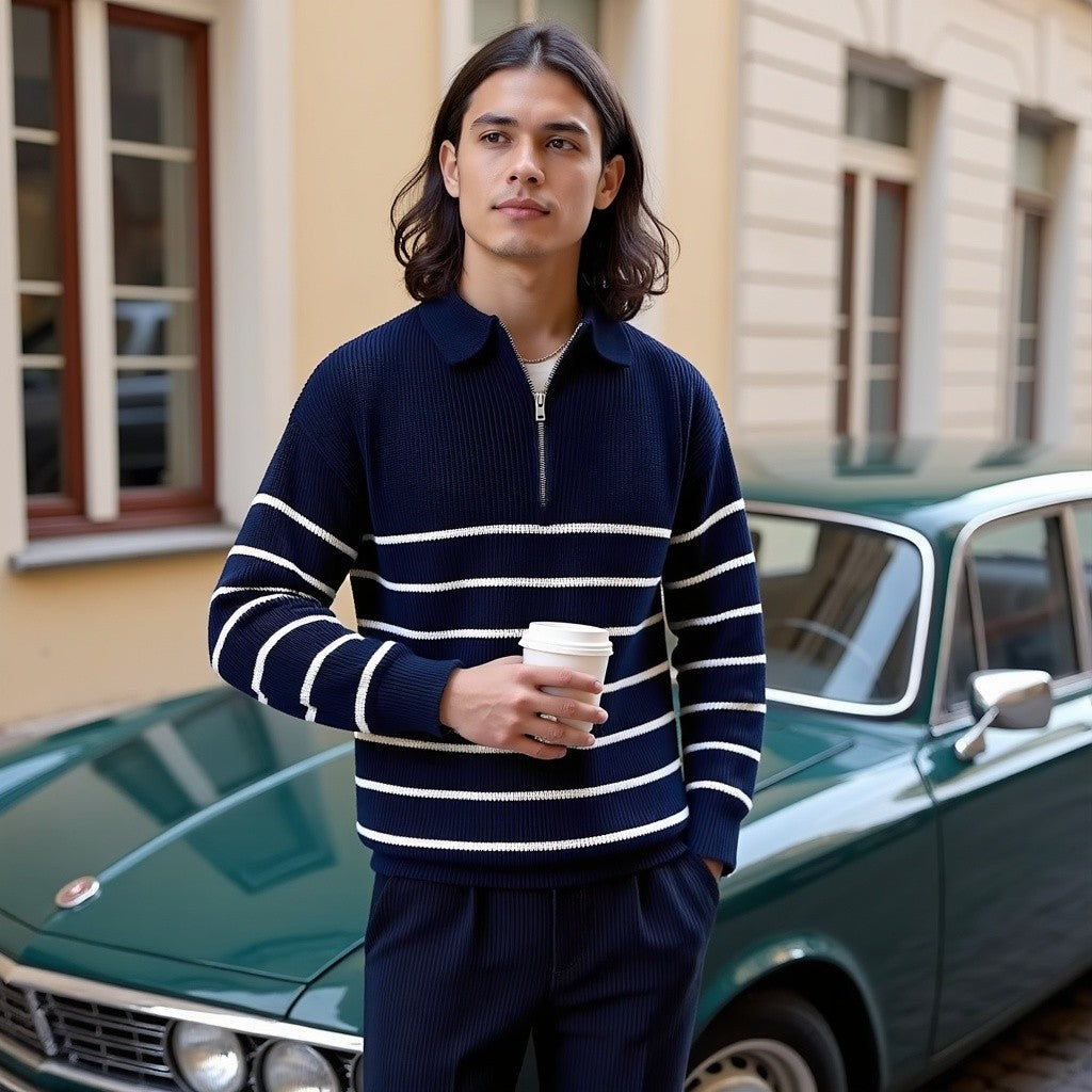 Tim | Herren Winterpullover mit Reißverschluss und horizontalen Streifen - Elle Zürich