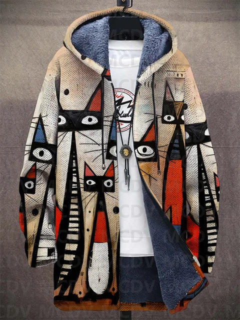 Natascha | Damen Kapuzen-Strickjacke mit Buntem Katzenprint