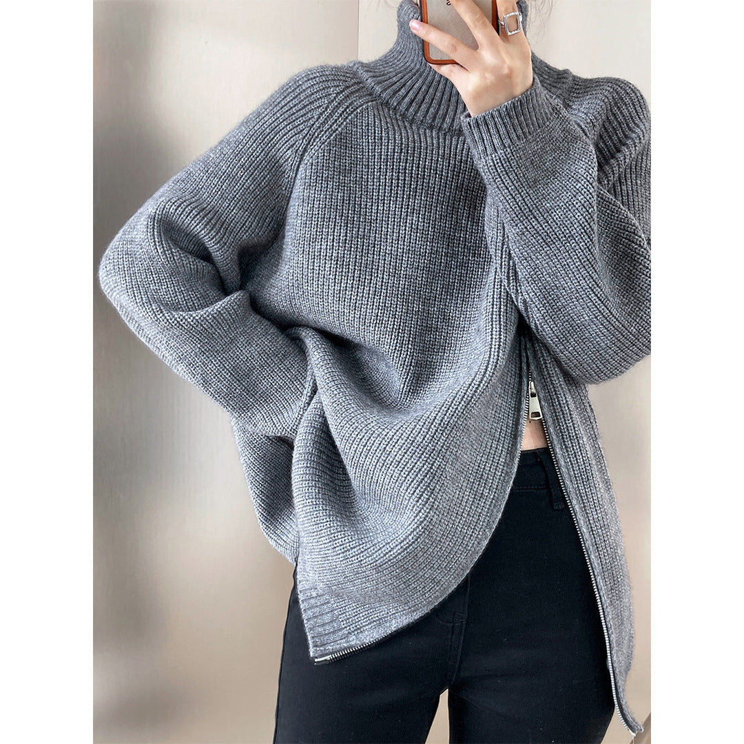 Kathrin | Damen Winter Gerippter Strickpullover mit Reißverschluss - Elle Zürich