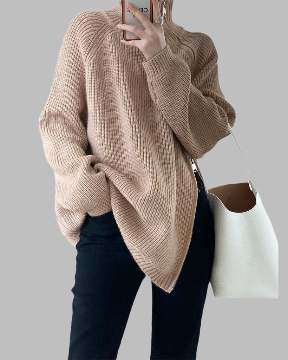 Kathrin | Damen Winter Gerippter Strickpullover mit Reißverschluss - Elle Zürich