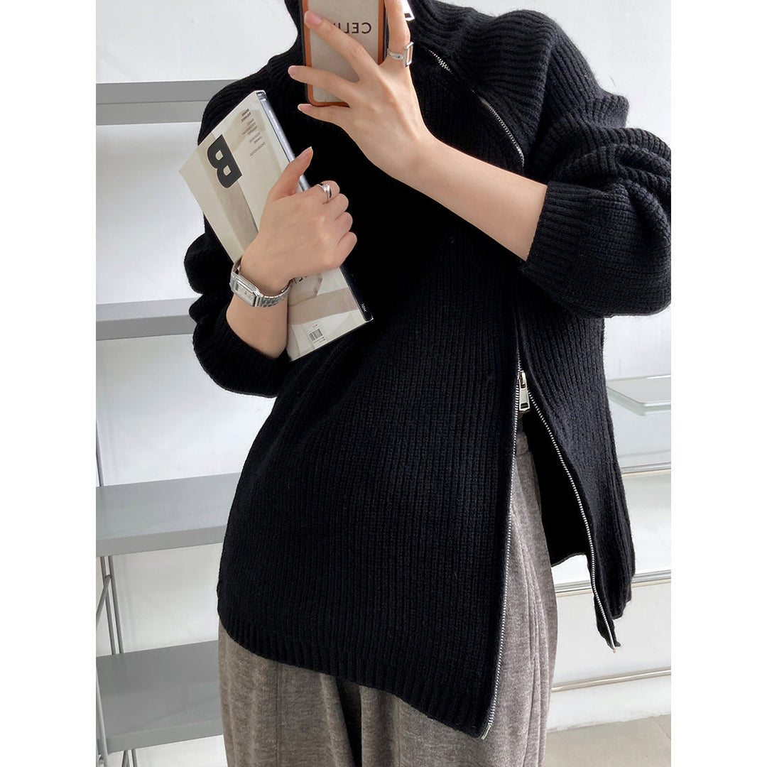 Kathrin | Damen Winter Gerippter Strickpullover mit Reißverschluss - Elle Zürich