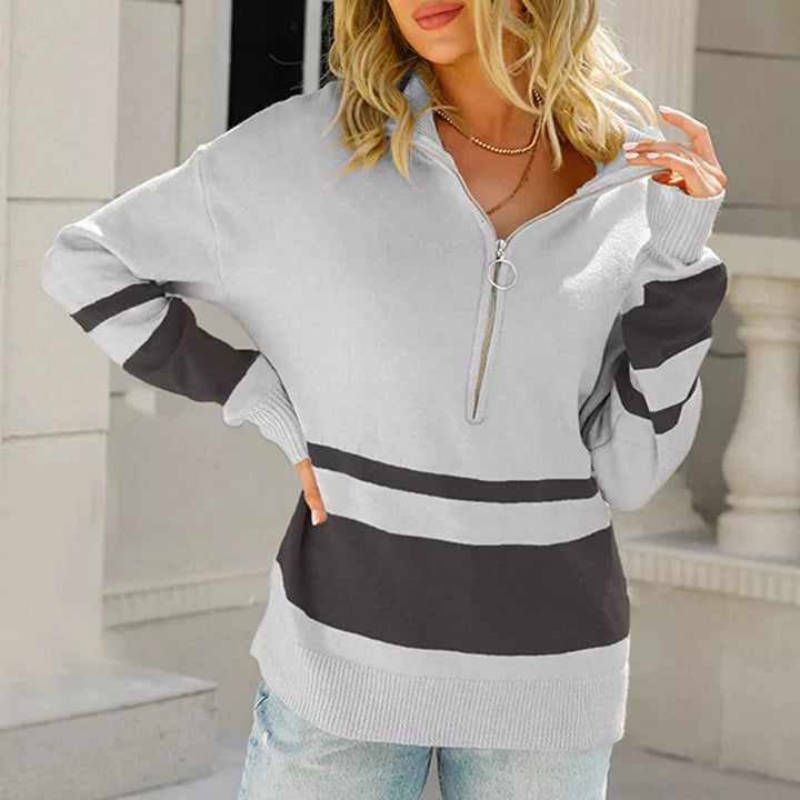 Angela | Damen Casual Sweatshirt mit Reißverschluss und Streifen - Elle Zürich
