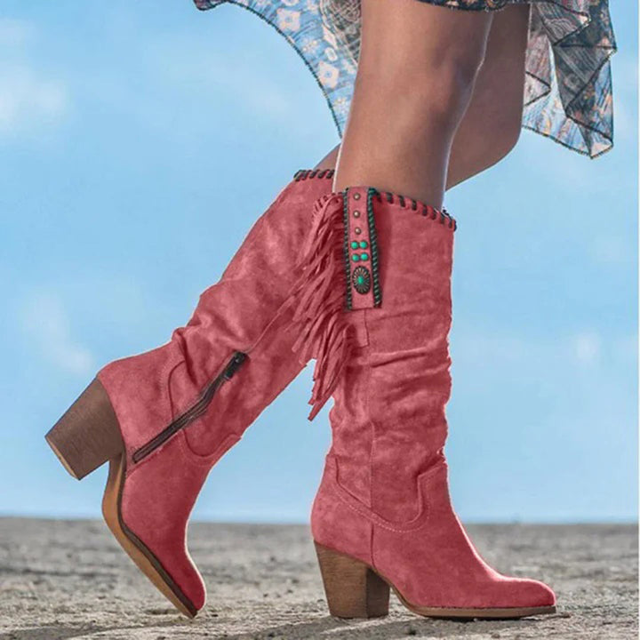 Veronika | Damen Winter Boho Stiefel mit Reißverschluss und Fransen - Elle Zürich