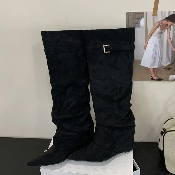 Doris | Damen Leder Oberschenkelhohe Stiefel mit Schnalle