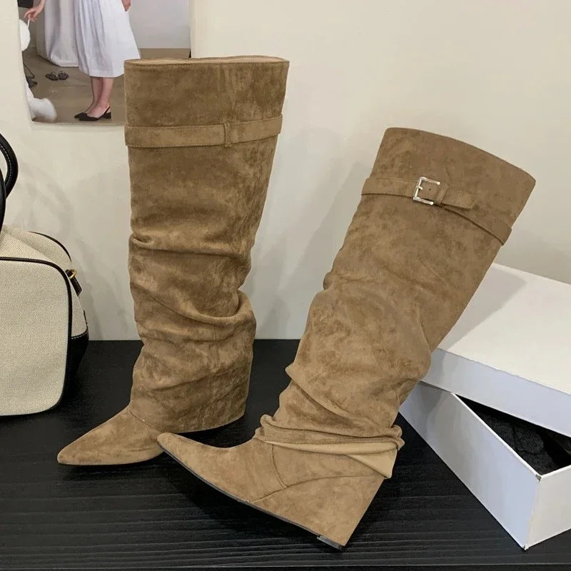 Doris | Damen Leder Oberschenkelhohe Stiefel mit Schnalle