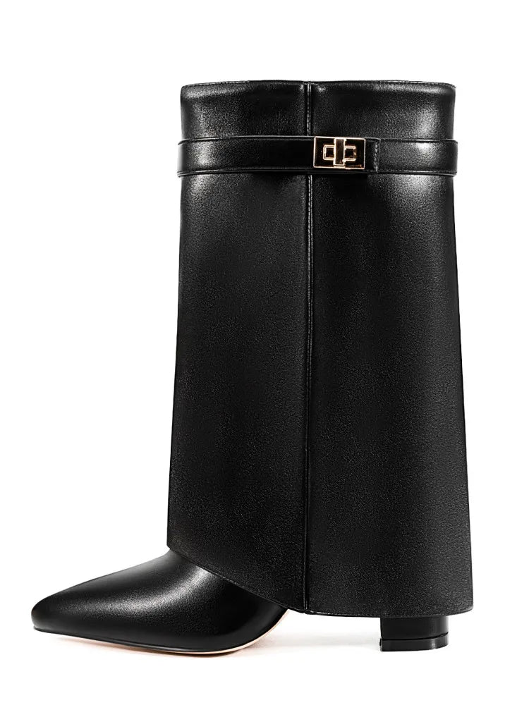 Christa | Damen Leder Oberschenkelhohe Stiefel mit Schnalle