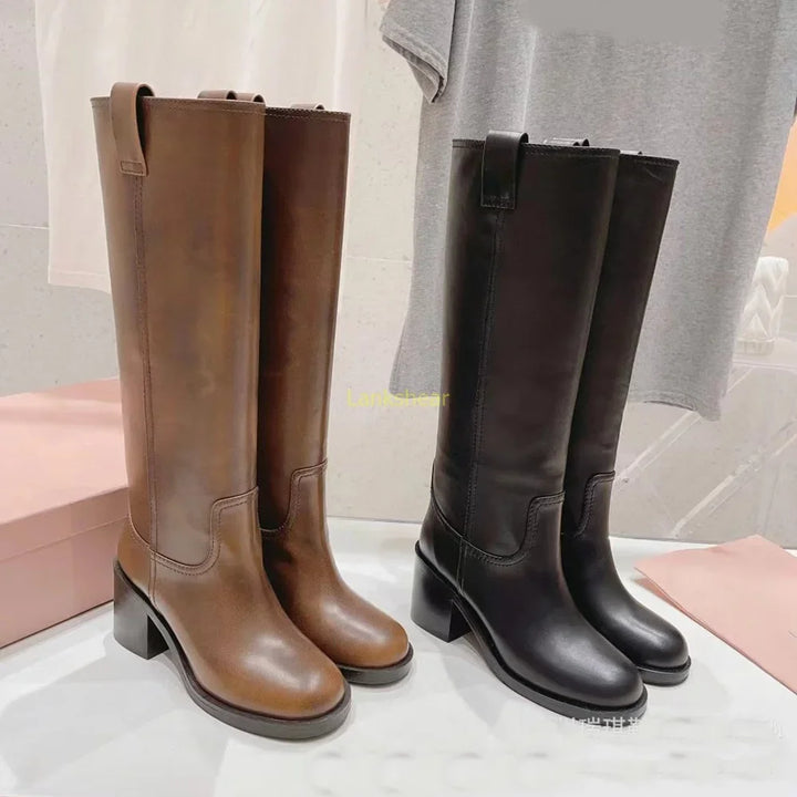 Theresa | Damen Leder Kniehohe Stiefel mit Absätzen