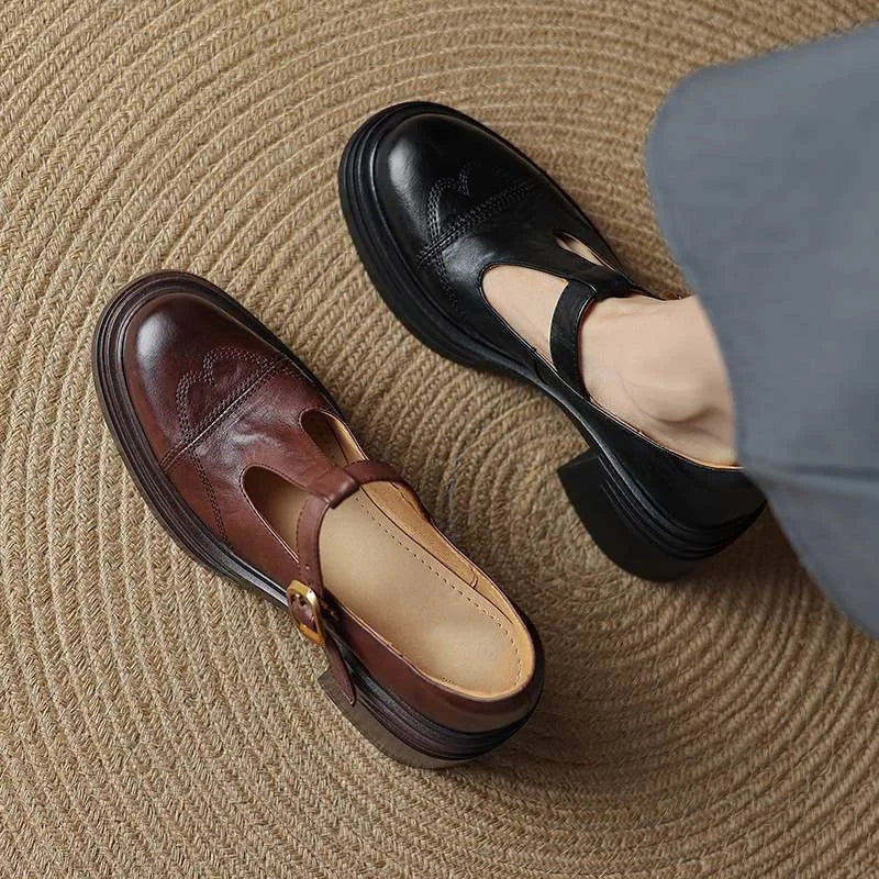 Sabine | Klassische Damen Leder T-Riemchen Schuhe