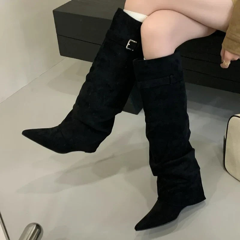 Doris | Damen Leder Oberschenkelhohe Stiefel mit Schnalle