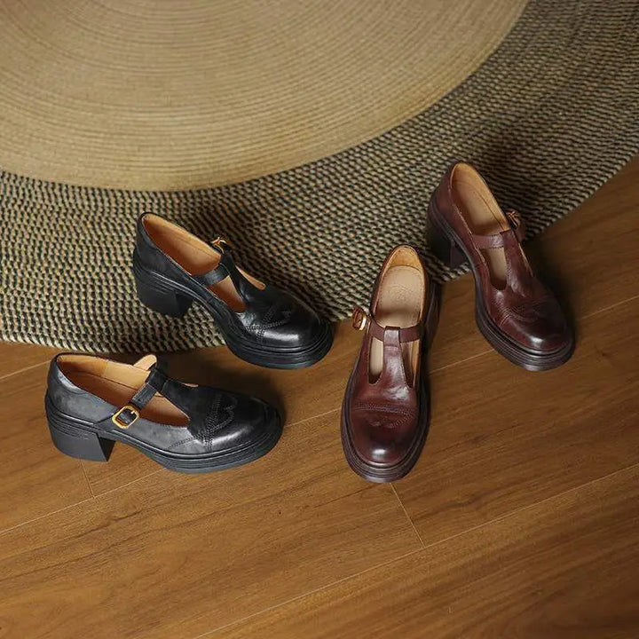 Sabine | Klassische Damen Leder T-Riemchen Schuhe